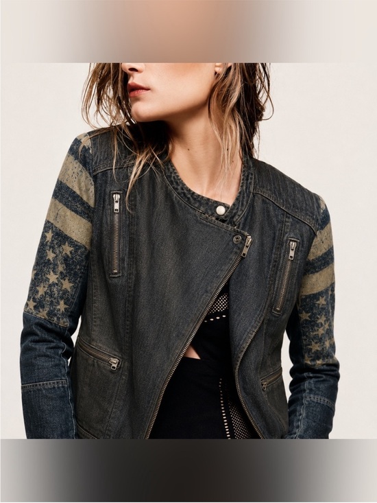 Free People Jackets & Blazers - We The Free - Free People  Denim Moto Jacket with Star Stripe Sleeves